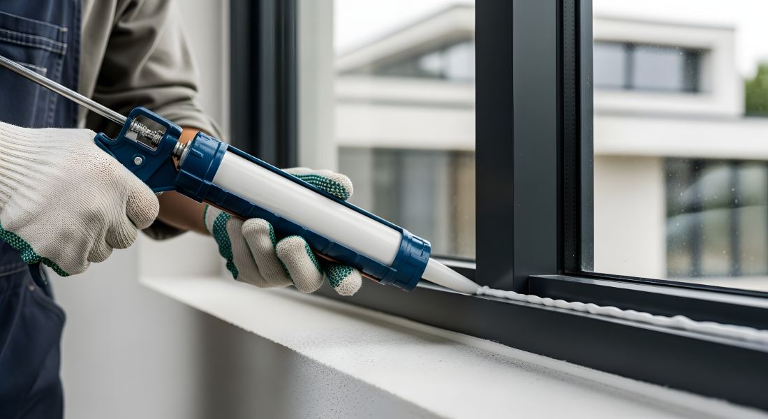 Worker applying caulk to window frame with caulking gun