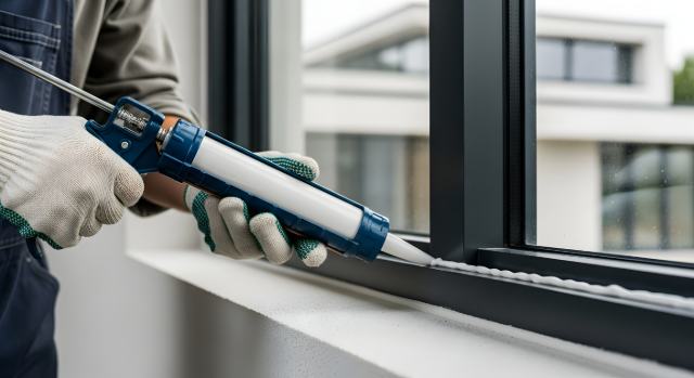 Worker applying caulk around window frame with caulking gun