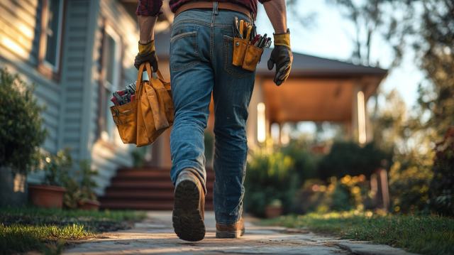 Construction worker in jeans and tool belt walking toward residential house