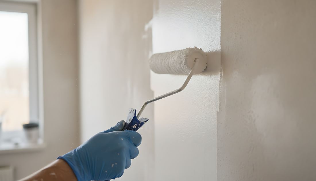 Worker in blue glove painting white wall with paint roller