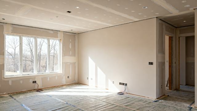 Empty room under construction with drywall, large windows, and exposed electrical outlets