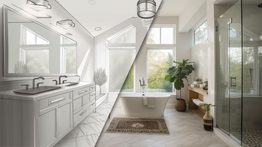 Modern luxury bathroom with dual vanity, freestanding tub, walk-in shower, and abundant natural light